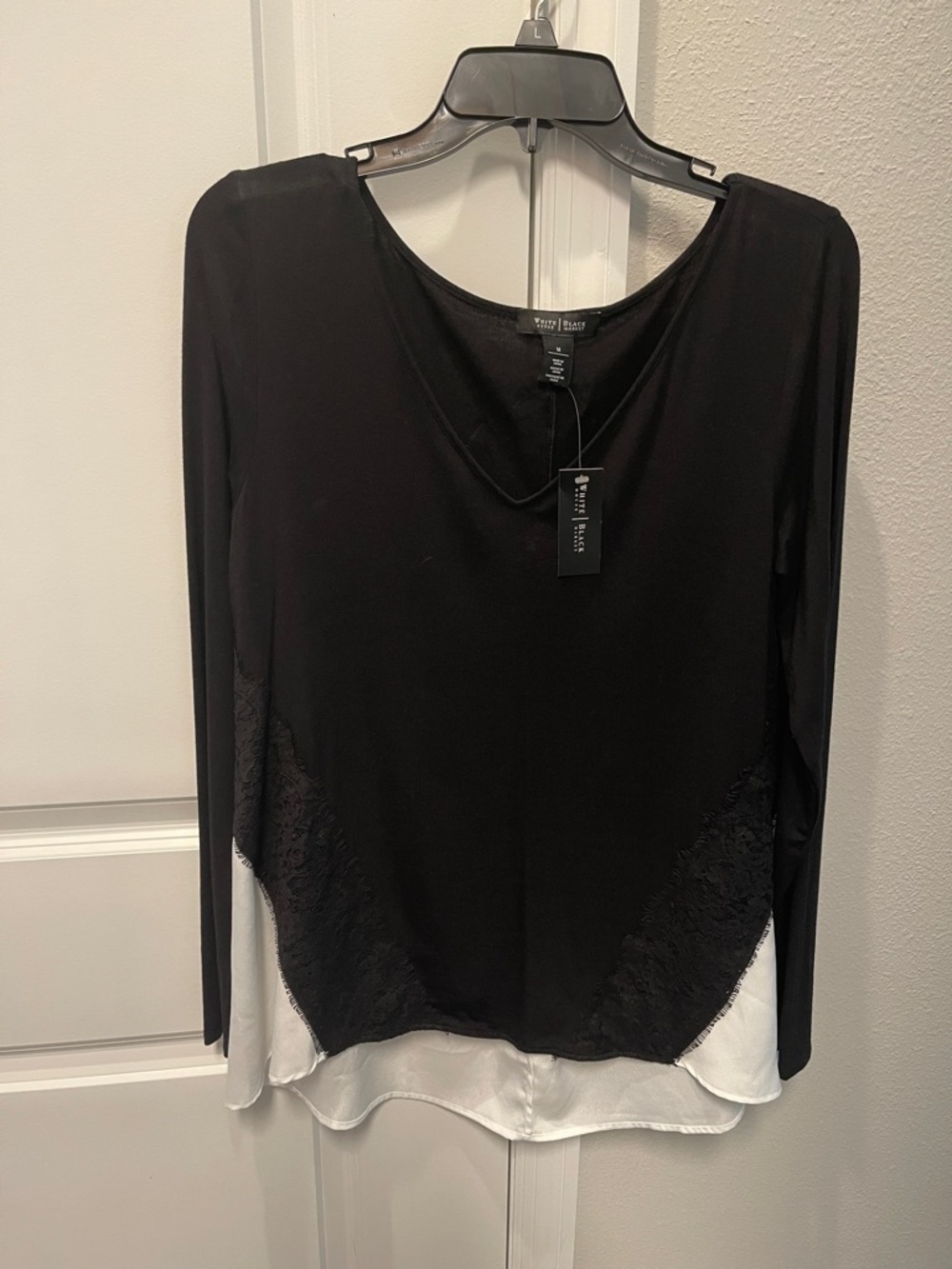 White House Black Market Black Long-Sleeve Blouse with Lace Embellishments